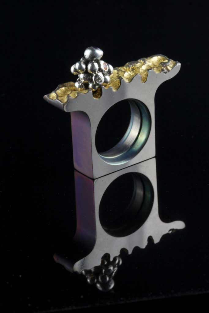 Ti Ring#15 Anodized Titanium, silver, gold leaf CZ, amethyst, gems, H1.5″W1.6″D0.3″ ring size 7.1-4